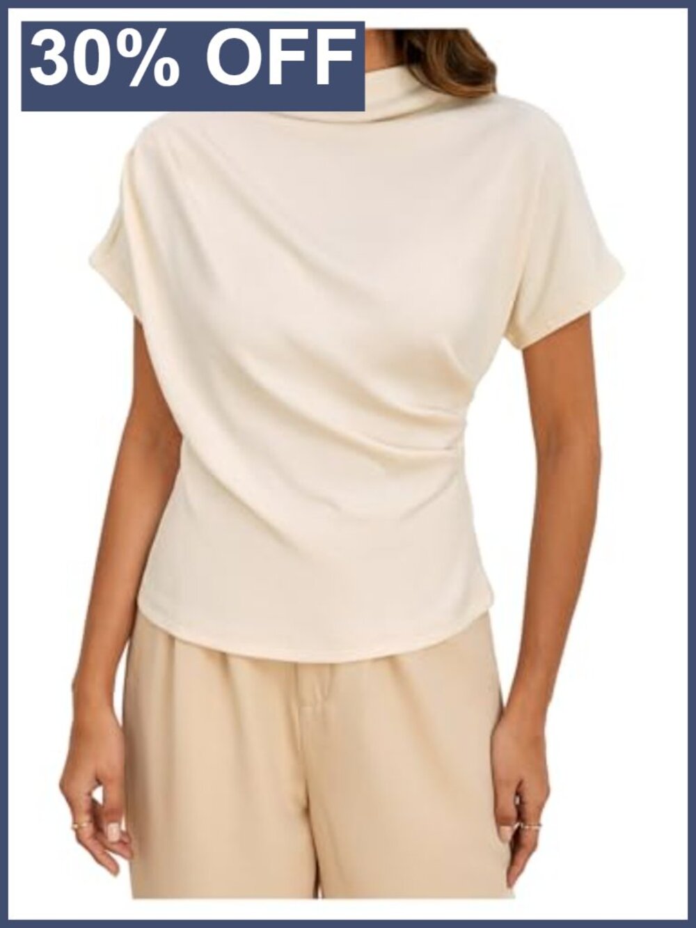 Mock Neck Asymmetrical Ruched Short Sleeve Business Blouse